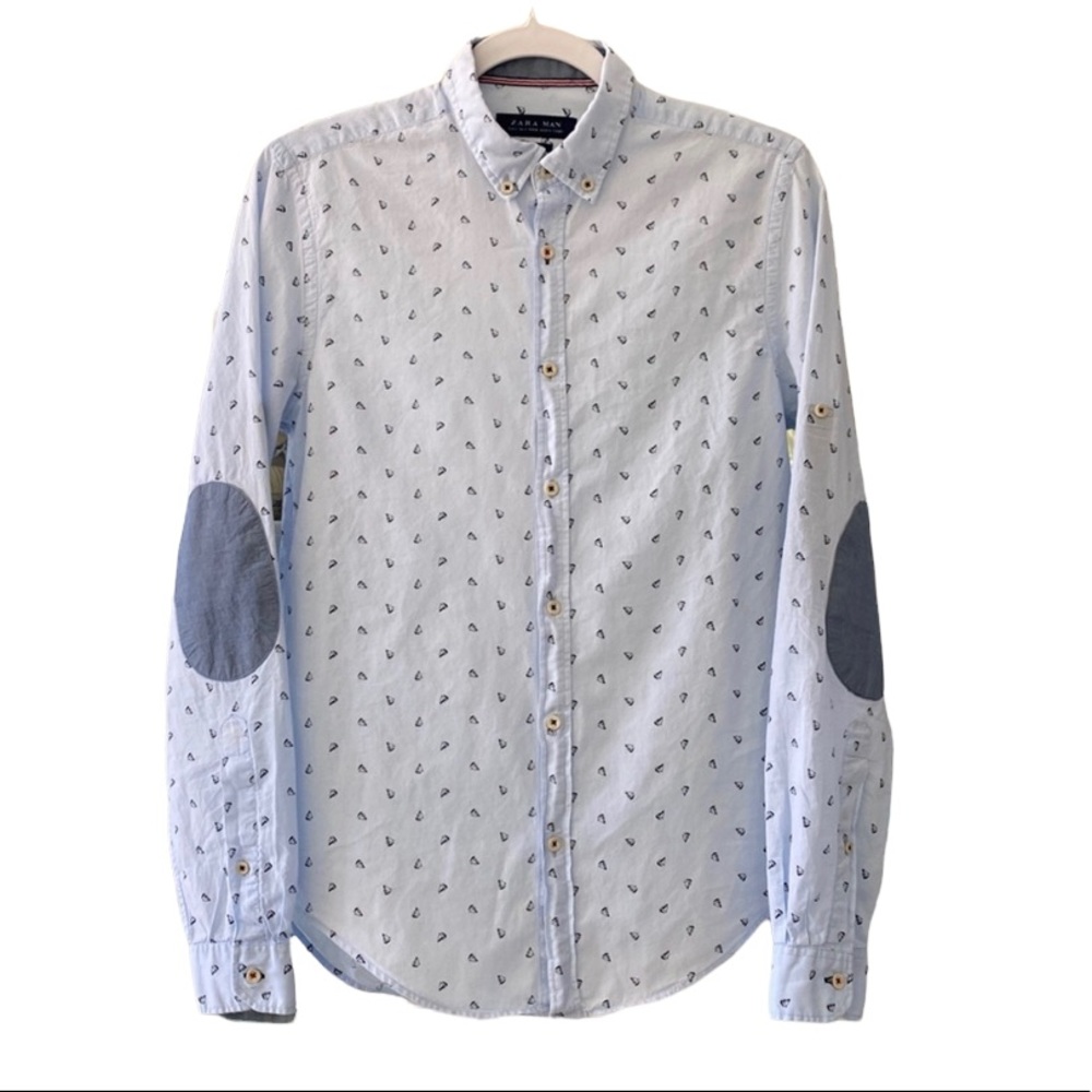 Zara Men’s Shirt Novelty Print Sailboats Button Front Long Roll Tab Sleeves